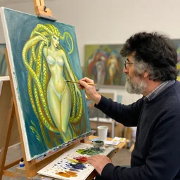 Medusa taking art lessons and painting with Bob Ross by Greg Hildebrandt