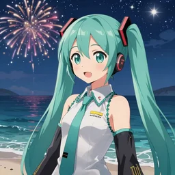 hatsune miku's portrait, with stars under the night sky and fireworks blooming on the beautiful ocean, is an animation illustration, pixiv, created by rela