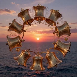 beauty sunset timelaps on a sea, fractal bells, intricate environment, art by victo ngai, rossdraws, thomas kinkade, ilya kuvshinov, peter mohrbacher, craig mullins. unreal engine 5, blender, octane, ray tracing, dramatic studio lighting, sharp focus, masterpiece, post processing