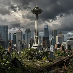 seattle, abandoned and post - apocalyptic, concept art, digital painting