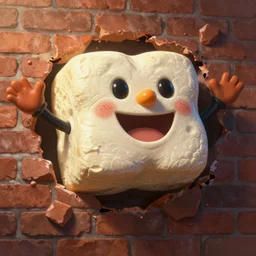 an anthropomorphized block of tofu busting through a brick wall in the style of the kool aid man
