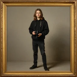 painting of a long haired teenager!!! clothed with a black playstation hoodie and a black jean, with a camera on his hands, full body, renaissance!!! painting!!!, ultra detailed, masterpiece, framed