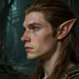 dungeons and dragons forest elf character closeup side profile portrait, dramatic light, dungeon background, 2 0 0 mm focal length, painted by stanley lau, painted by greg rutkowski, painted by stanley artgerm, high detail, real life skin, freckles, 8 k, stunning detail, works by artgerm, greg rutkowski and alphonse mucha, unreal engine 5, 4 k uhd, digital art, trending on artstation