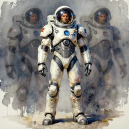 male, full body!!!!!!, space suit with a modern helmet, very stylized character design, large shoulders, short torso, long thin legs, tiny feet, character sheet, science fiction, hyperdetailed, technical suit, space marine, watercolor digital painting, by mike mignola, by alex maleev, jean giraud, painted by leyendecker