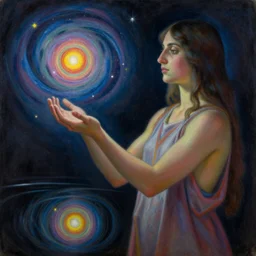a shaman! woman holding up the cosmic universe, by remedios varo, reflection, symbolist, pastel colors, dramatic lighting, smooth, sharp focus, extremely detailed, aesthetically pleasing composition