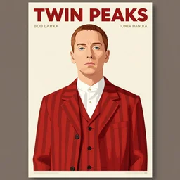 Twin Peaks poster artwork by Michael Whelan, Bob Larkin and Tomer Hanuka, of a solo individual portrait of Eminem wearing a 1920s red striped outfit, dapper, simple illustration, domestic, nostalgic, full of details, by Makoto Shinkai and thomas kinkade, Matte painting, trending on artstation and unreal engine