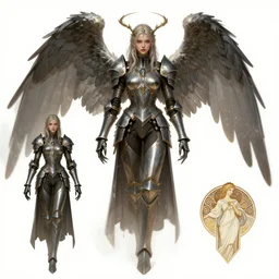 Concept art character sheet of an Angel knight gothic girl, sci-fi, highly detailed, digital painting, artstation, concept art, smooth, sharp focus, illustration, art by artgerm and greg rutkowski and alphonse mucha
