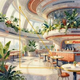 a beautiful illustration of futuristic interior of pizza hut, restaurant, plants, big medium small, golden ratio, in watercolor gouache detailed paintings, in style of syd mead, trending on artstation, 8 k, panel, hard surface, vent, zaha hadid, props, cozy, decoration around the room, simon stalenhag, deus ex