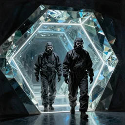 two scientists wearing black hazmat suits entering geometric neon crystal mirror room by frank frazetta