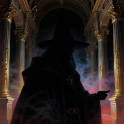 a close - up view portrait of a silhouetted supernatural wizard in baroque neoclassicist halls with futuristic metallic technology. close - up view, detailed textures. glowing colorful fog, dark black background. highly detailed fantasy science fiction painting by moebius, norman rockwell, frank frazetta, and syd mead. rich colors, high contrast