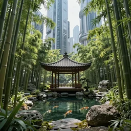 bamboo garden with japanese gazebo with koi pond in the middle of a  futuristic megacity, sci-fi, matte painting, concept art, style by dylan cole and yuumei