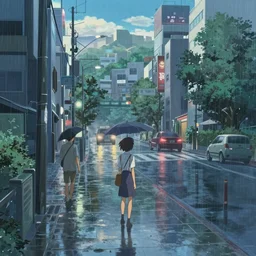 the scenery, the movie weathering with you, by makoto shinkai, light effect, rainy weather, city center 8 k