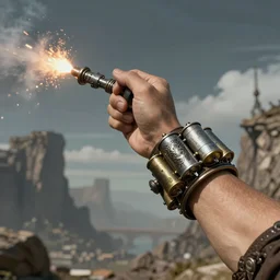 A steampunk wristband that launches out a grapple using steam canisters, epic fantasy art style HD