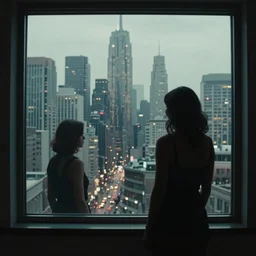 View from window on megapolis, silhouette of women who watches to the window, cinematic, photo real, in the style of blade runner