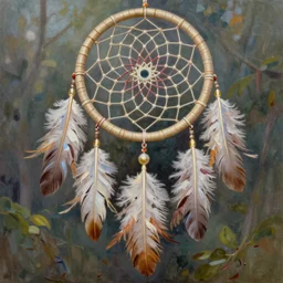 beautiful oil painting of a Dream Catcher with feathers, by Lisa Frank, greg rutkowski, thomas kinkade, trending on artstation