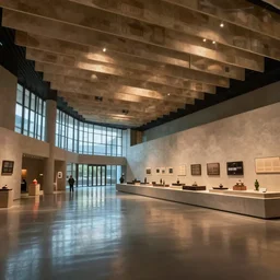 interior of a hallroom of museum with amazing ambient and 3 d layered ceiling with reflection in floors