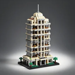 Lego set of a brutalist building, studio photography, spotlight, low saturation