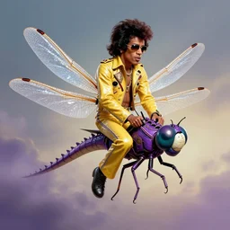 Jimi Hendrix riding on the back of an enormous purple dragonfly, Digital realistic detailed art trending in Artstation.
