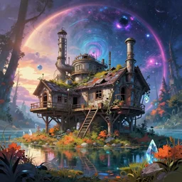 a beautiful detailed anime illustration of nature cabin industrial architecture abandoned building by zaha hadid, gem synthwave cosmic fisheye futuristic biopunk cyberpunk studio ghibli evil nature crystal lake forest cgsociety postcyberpunk at fall meadow at dawn morning sun neon noir vaporwave, archdaily, wallpaper, highly detailed, trending on artstation.