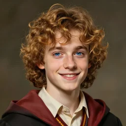 a curly straw colured hair hufflepuff boy with blue eyes, happy, fantasy, portrait, highly detailed, digital painting, artstation, concept art, sharp focus, illustration, art by artgerm and greg rutkowski and magali villeneuve