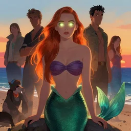 sophie turner as the little mermaid on the sunset beach by Gil Elvgren Stanley Artgerm Lau, WLOP, James Jean, Andrei Riabovitchev, Marc Simonetti, Yoshitaka Amano, ArtStation, CGSociety, cinematic lighting, shining eyes, art nouveau