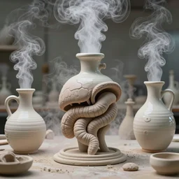 an alchemical laboratory of voices made from ceramic alembics, vapour, air flow, clay, no humans, alchemy, steam, larynx, oesophagus texture, 8 k, unreal, high resolution,