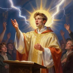 a prismatic portrait of prince as a church preacher giving a sermon, telling the congregation to go crazy, lightning bolts, sunbeams, highly detailed, art by mimmo rotella and tim white, digital painting, artstation, smooth, super 8, dynamic lighting by delphin enjolras, ultrarealistic, cinematic, octane render