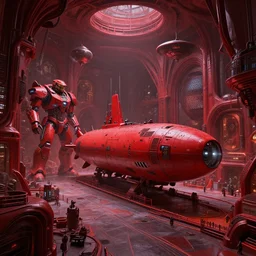 gothic red zaha hadid space station, city street, interior, inspired by a nuclear reactor submarine and maschinen krieger, ilm, beeple, star citizen, halo
