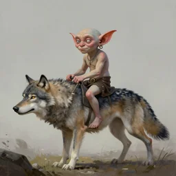 Goblin with no legs riding a wolf, digital painting, 8k, HD