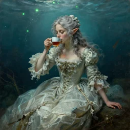 a 1 8 th century, messy, silver haired, ( ( ( mad ) ) ) elf princess ( look like ( ( young kate winslet ) ) ), dressed in a frilly ( ( ragged ) ), wedding dress, is ( ( drinking a cup of tea ) ). everything is underwater! and floating. greenish blue tones, theatrical, ( ( green lights ) ) oil canvas by john william waterhouse