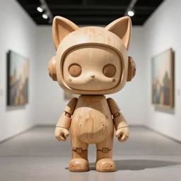 8 k octan, advertising, highly detailed, photo, a totally wooden figurine collectible art toys wooden on feet, very cute minimalist cyborg zen with cat ears, cyberpunk a contemporary art gallery, symetrical, sharp focus, masterpiece, nofinito, design