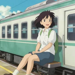 “an anime girl riding a train, studio ghibli, pixiv”