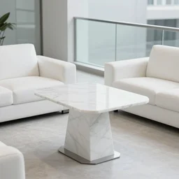 A modern living room with a beautiful white marble table between 2 white sofas ,floor to ceiling glass window on the left, wooden stairs to the second floor on the right, 8k resolution, professional interior design photograph