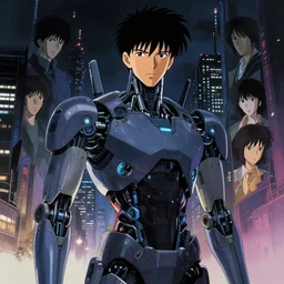 a male japanese cyberpunk android, wide shot, finely detailed features, cyborg robot parts with glowing lights!, dramatic cinematic, night, at cyberpunk city, ghost in the shell, akira, noir, painted by greg rutkowski makoto shinkai takashi takeuchi craig mullins, alphonse mucha, studio ghibli, pixiv