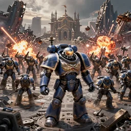 warhammer 40k ultramarine on the battle field, adeptus astartes, explosions, ruined empire on the background, digital art, illustration, wide angle, fine details, cinematic, highly detailed, octane render, 3d, 4k, unreal engine, artstation, concept art