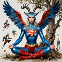 a portrait photograph of a meditating fierce krysten ritter as a colorful harpy antilope super hero with blue skin with scales. she is being transformed into a tree. by donato giancola, hans holbein, walton ford, gaston bussiere, peter mohrbacher and brian froud. 8 k, cgsociety, fashion editorial