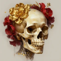 A potrait of a women skull head with gold and red flowers, digital painting, by Stanley Artgerm Lau, WLOP, Rossdraws, LeraPi, and Sakimichan, digital painting, trending on ArtStation, deviantart, SFW version
