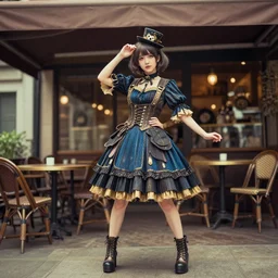 lomography, full body portrait photo of women like reol from a distance wearing a pleated steampunk dress with a choker and a small cute hat in front of a open air cafe,, realistic, dynamic perspective pose, skin tinted a warm tone, hdr, rounded eyes, detailed facial features, blue black gold, takashi murakami