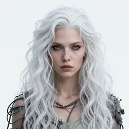 highly detailed portrait of a frostpunk long curly white hair tribal lady, stray wiring by atey ghailan, james gilleard, by joe fenton, by greg rutkowski, by greg tocchini, by kaethe butcher, 4 k resolution, gradient blue, black and white color scheme!!! ( ( glaciated robotic dystopian city background ) )