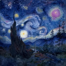 starry sky in a night forest with galaxies and nebulae, watercolor painting