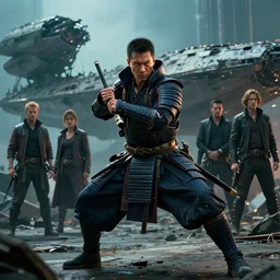 movie still frame, photorealistic, cyberpunk samurai in epic stance, a starship wreckage in the background, beautiful composition, 8 k, cgi, by ridley scott, james cameron, zack snyder and michael bay