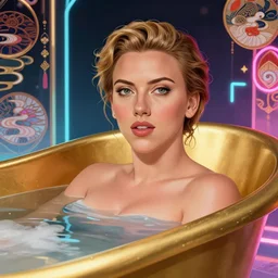 Scarlett Johansson bathing in a gold tub, futuristic neon, decorated with traditional Japanese ornaments by Ismail inceoglu dragan bibin hans thoma greg rutkowski Alexandros Pyromallis Nekro Rene Maritte Illustrated, Perfect face, fine details, realistic shaded, fine-face, pretty face