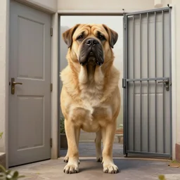 big friendly dog with drool on face staying on bottom legs in full height near closed doors with big gate value, concept art, trending on artstation, highly detailed, intricate, sharp focus, digital art, 8 k