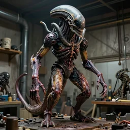 wide angle photo taken of an epic intricate, ultra detailed, super realistic gritty, hero prop, exquisitely weathered animatronic movie prop of a lifelike sculpture of a wet, slimey nightmarish hellish alien creature displayed in the workshop, created by weta workshop, full body shot, photorealistic, sharp focus