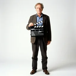 weathered film director with clapperboard, photorealistic portrait photography, full body, standing, isolated on a pure white background, centered, whole figure in frame, sharp focus, studio lighting