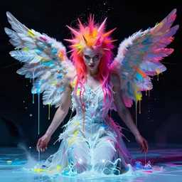 a punk angel rebelling from god, paint, wet paint, dripping paint, splatter paint, spray paint, puffy paint, inverted colors, neon, electric colors, tones of black in background, light blue foreground, high contrast, in a symbolic and meaningful style