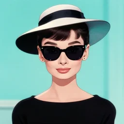 beautiful anime version of audrey hepburn with hat and dark sunglasses covering her eyes from breakfast at tiffany's. drawn by ilya kuvshinov