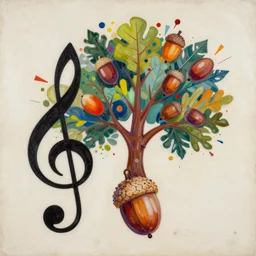 a mixed media painting of an acorn that turns into a tree in the shape of a treble clef with a bunch of different colors, loud and exciting