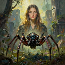 an intricate concept portrait painting of a futuristic woman behind an arachno - bot in an undergrowth city, post - apocalyptic, dystopian, style ivan talavera and artgerm, radiant lighting, hyper realistic, photorealistic, octane render, artstation, cgsociety, cinematic light, global illumination, sci - fi