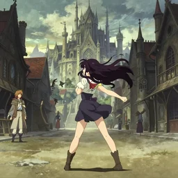 anime frames, anime visual, full body portrait of a young woman in the medieval city square looking at the fantasy palace in the distance, cute face by ilya kuvshinov, alphonse mucha, dynamic pose, dynamic perspective, rounded eyes, moody, psycho pass, kyoani, yoh yoshinari